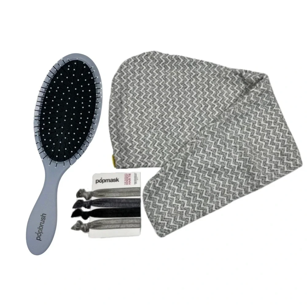 Popmask Ultimate Hair Set Detangling Gray Hair Brush With Hair Ties & Turban new